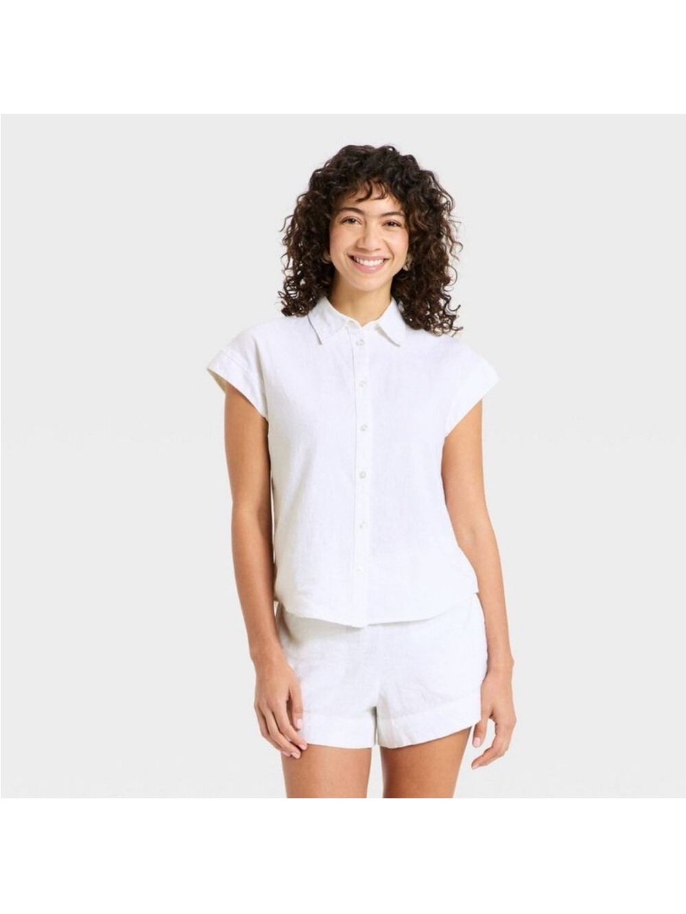 a new day White Cap-Sleeve Linen blend Button-Down Shirt